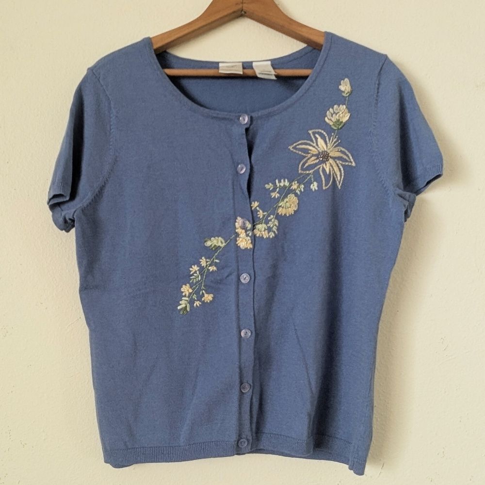 Emma James Perwinkle Blue Short-Sleeve Cardigan Med Floral Embroidery